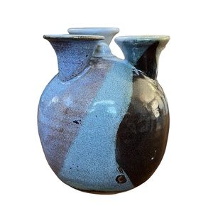 Clouds Folsom Studio Pottery Blue Gray Glazed 3-Wick Oil Lamp Bud Vase 5.5” Tall